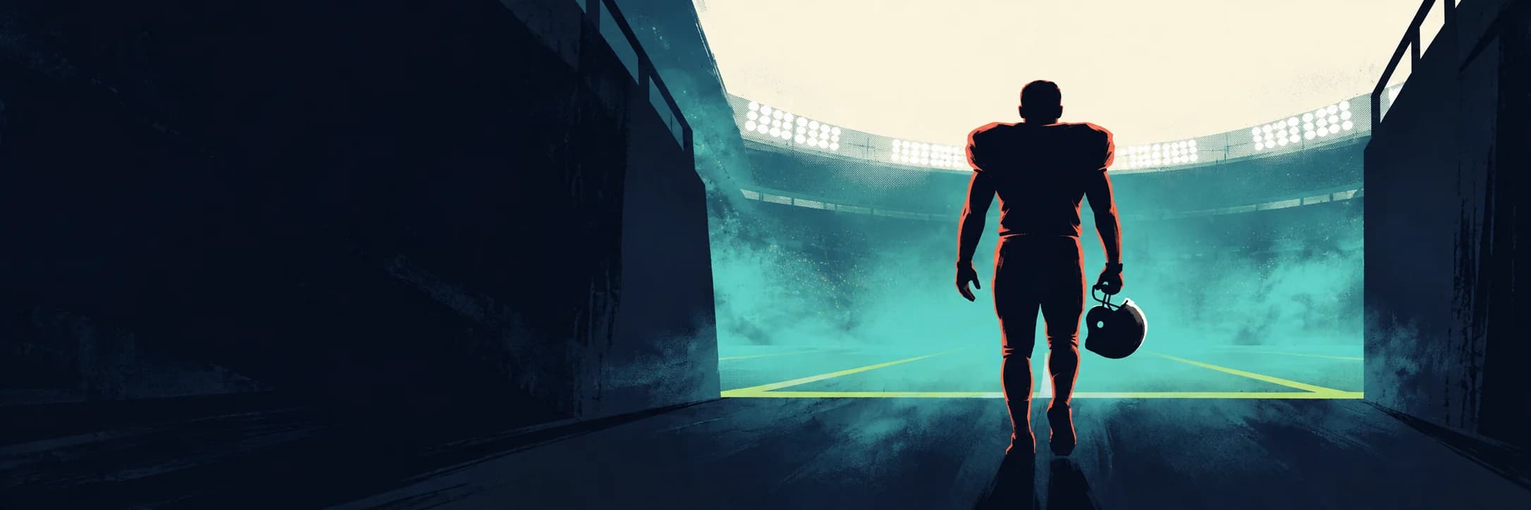 Illustrated football player stepping from the tunnel toward the field