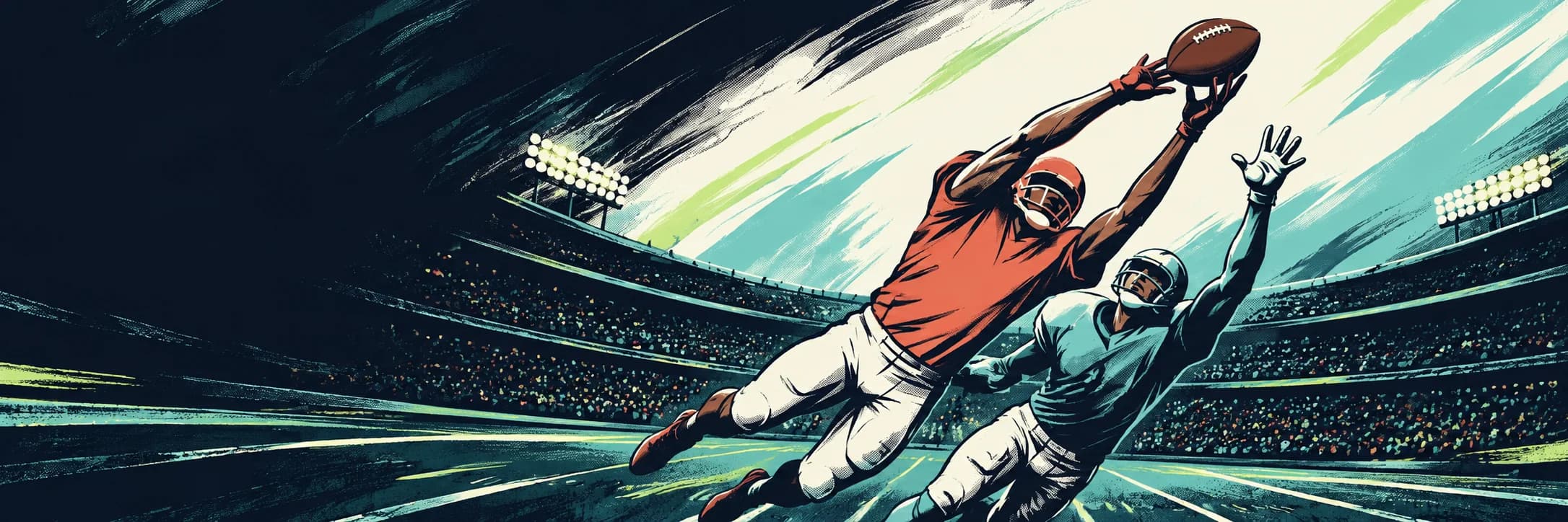 Illustrated receiver reaching high for the football